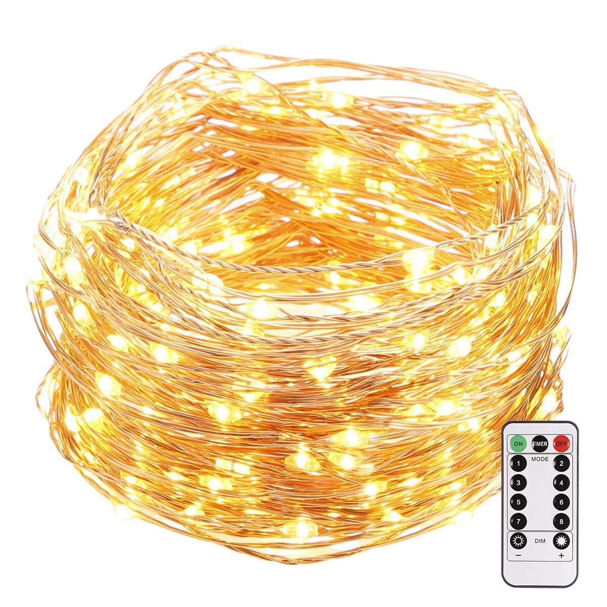33 Feet 100 Led Fairy Lights Battery Operated with Remote Control Timer Waterproof Copper Wire Twinkle String Lights for Bedroom Indoor Outdoor Wedding Dorm Decor (Warm White) - image 1 of 8