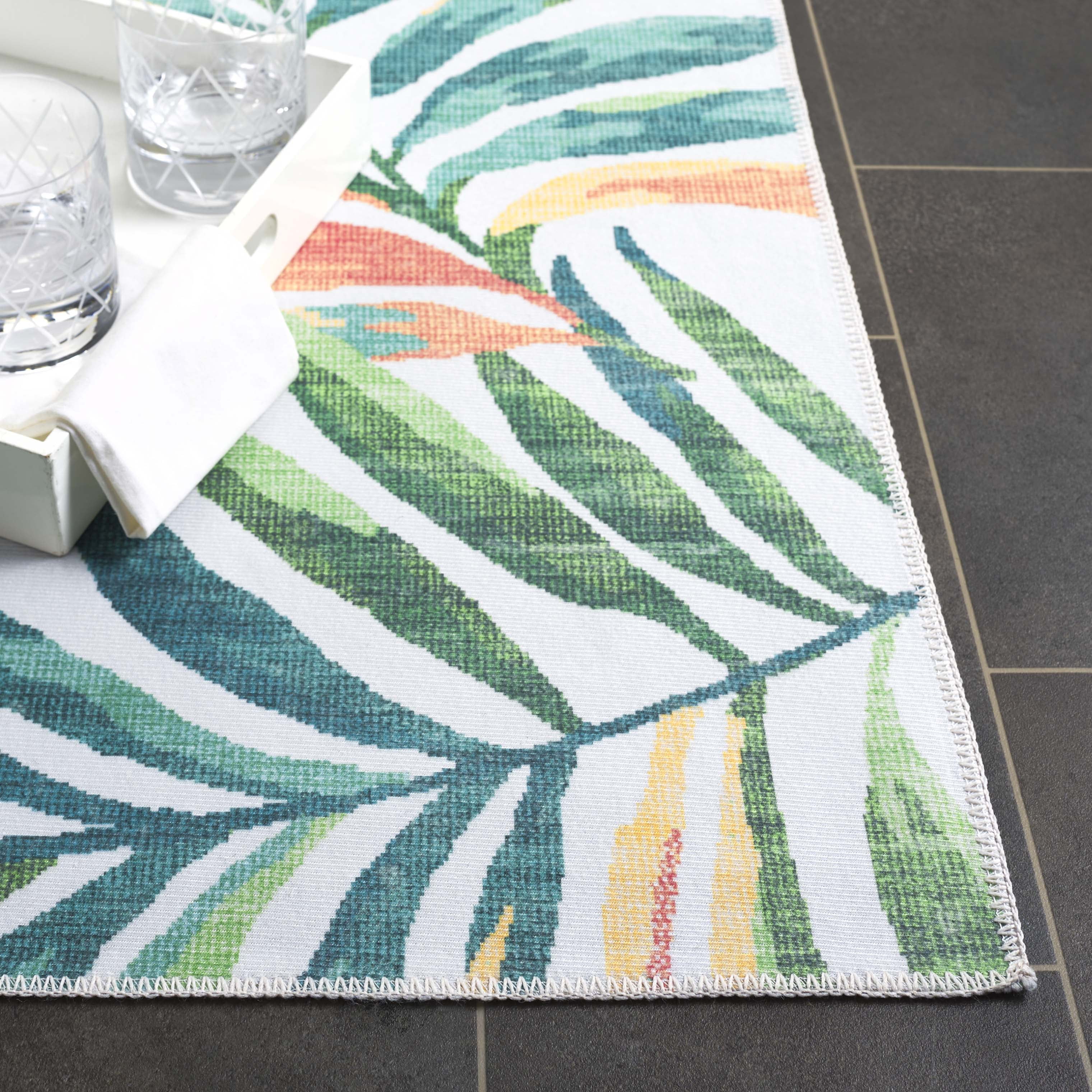 SAFAVIEH Malibu Faris Botanical Polyester Machine Washable Area Rug, Ivory/Green, 3' x 5'