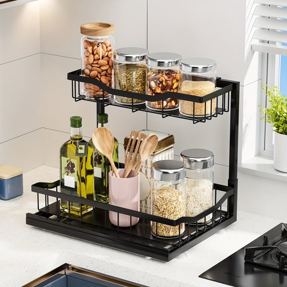 2-Tier Pull-Out Metal Under Sink Organizer with Smooth Glide Track - Large Capacity, Heavy Duty Storage for Kitchen & Bathroom, Utility Racks