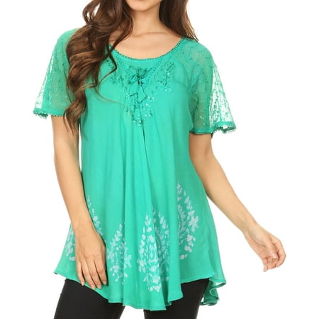 Kelly Lace (Sakkas Alberta Womens Short Sleeve Corset Blouse Top with Batik and Lace Sleeves - Kelly Green - One Size)