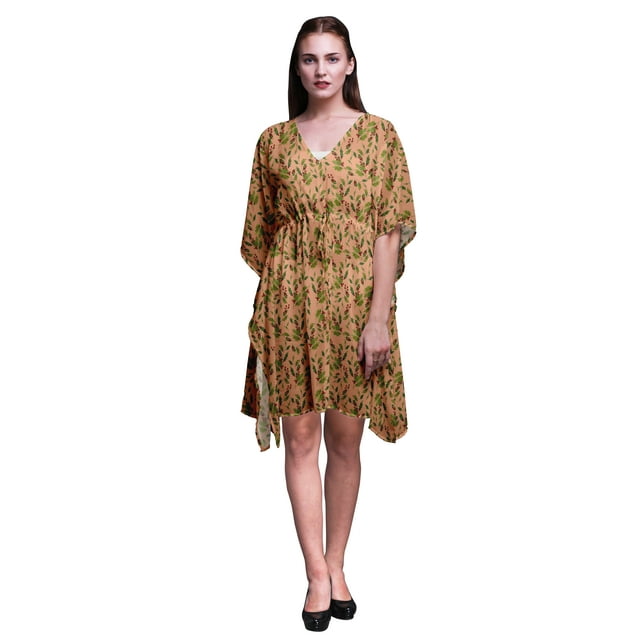 Bimba Feuilles de Pêche Légères Baies Rouges et Houx Kaftan pour Femmes Grande Taille Tenue d'Été Sortie de Plage Kimono Caftan-TG-3X