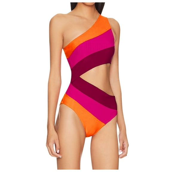 Swimsuit One Shoulder Bathing Suit Cutout Color Block Swimwear Pink One Piece Swimsuit Women