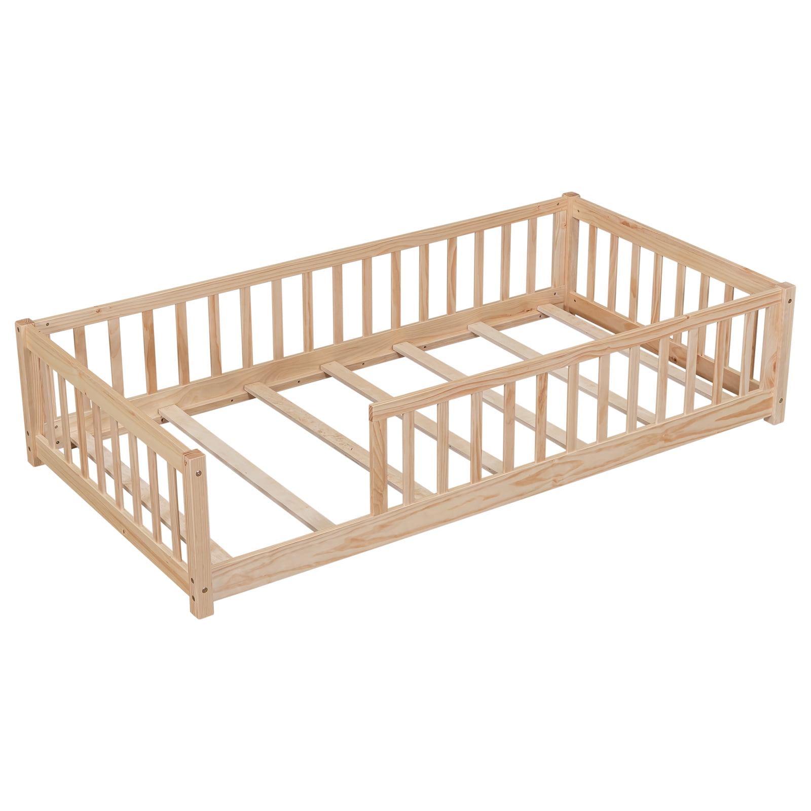 Twin Floor Bed with Fence for Kids, Solid Pine Wood Platform Bed Frame with Guardrails and Slats System, Playhouse Design Montessori Bed for Children Bedroom,Without Door, Natural