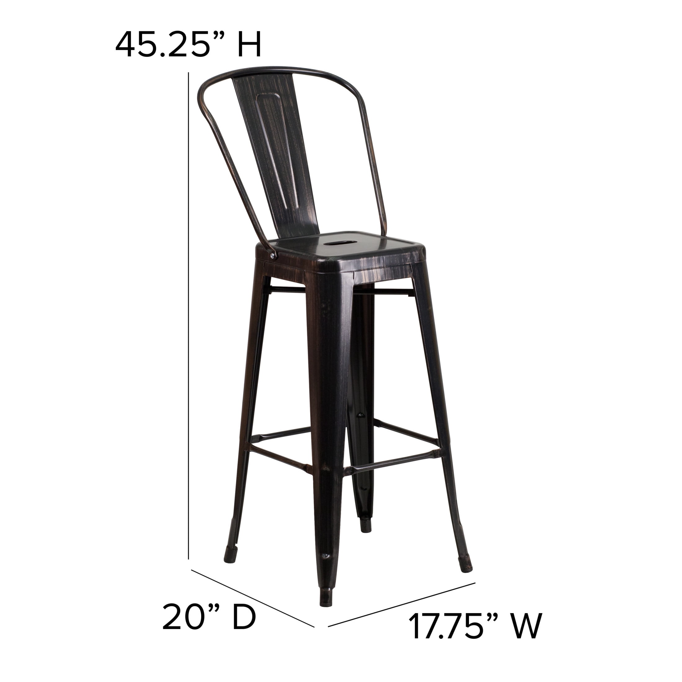 Merrick Lane Black-Antique Gold 30" High Metal Bar Height Stool with Removable Back for Indoor-Outdoor Use