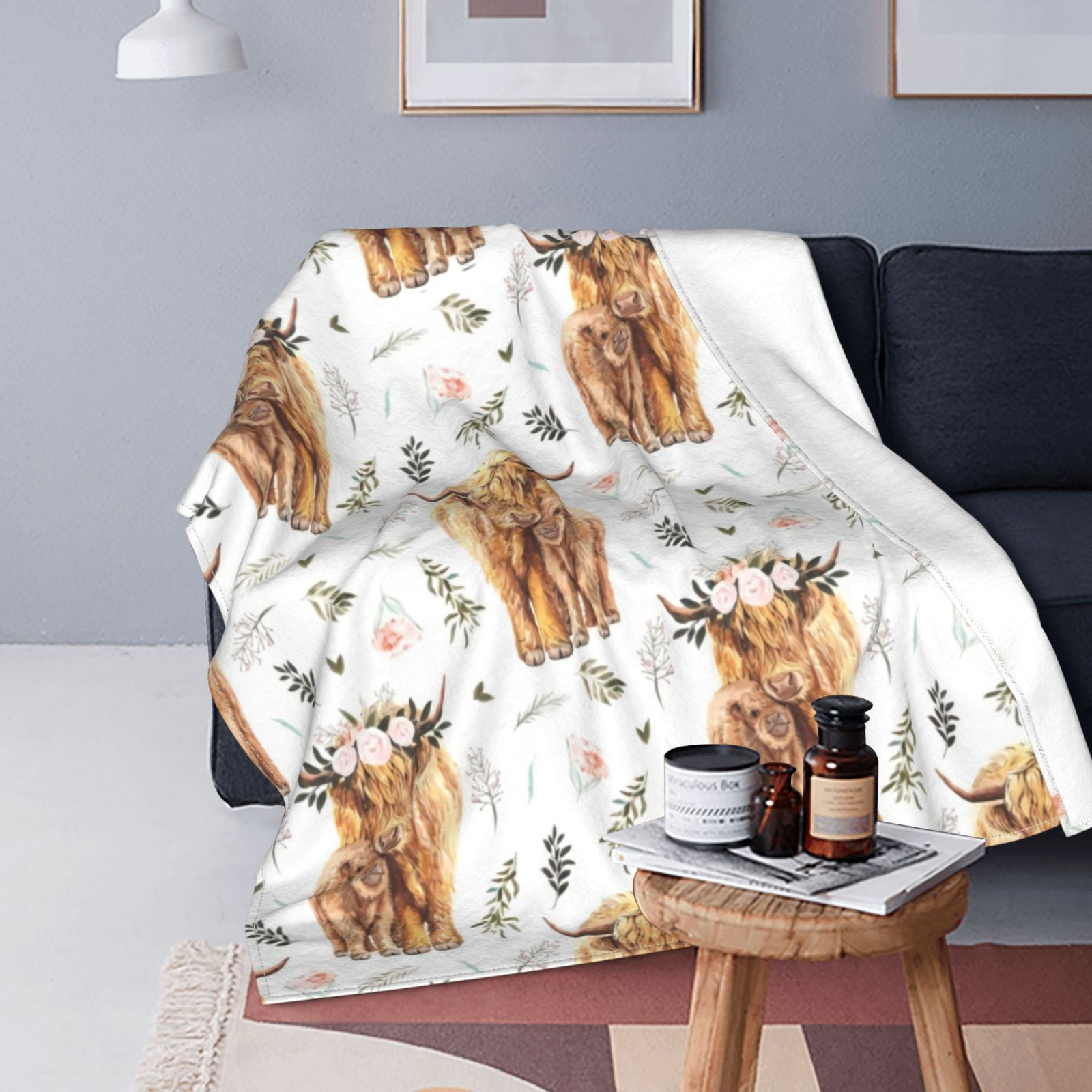 Highland Cow Print Blanket Cute Rustic Farm Animal Cow and Flowers Throw Blankets Soft Flannel Bedding Blanket 60"x80"