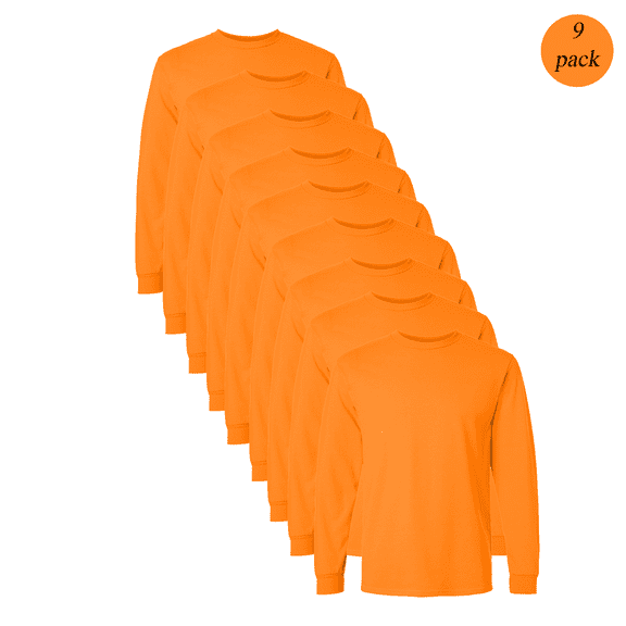 Gildan Men’s Hi-Vis Ultra Cotton Long Sleeve T-Shirt, Crew Neck Bulk Tee, Safety Orange, 9-Pack, S