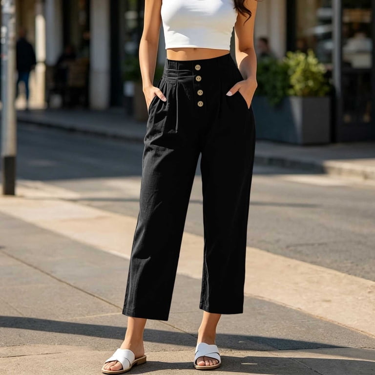 Miluxas Women's Shirred High Rise Straight Leg Pants Button Decor Cropped Trousers with Pockets Business Casual Dress Pants Work office Slacks Black