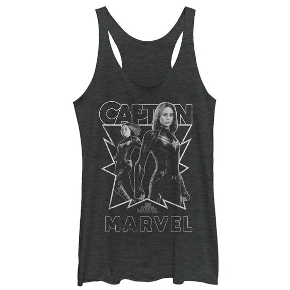 Women's Marvel Captain Marvel Gray Grayscale Portrait Racerback Tank Top Black Heather Small