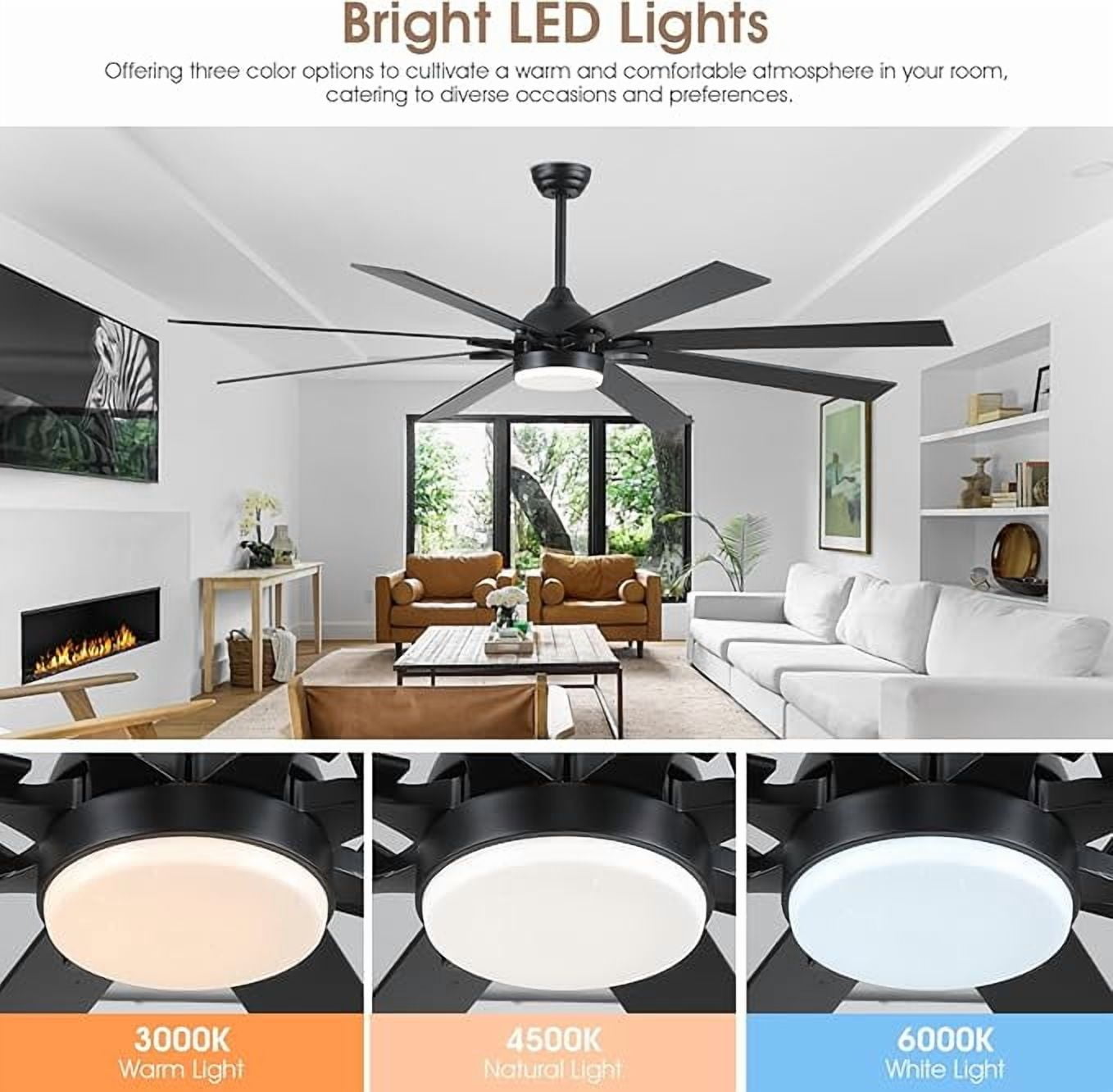 PHORUS 72" Modern Ceiling Fan with LED Light, Quiet Reversible Motor, 6-Speed Remote Control, Adjustable Height, Black – Indoor & Covered Patio