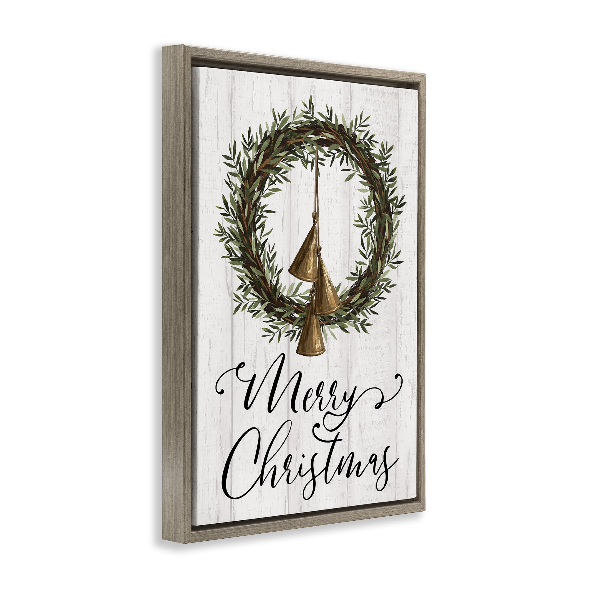 Stupell Industries Christmas Wreath & Bells Holiday Painting Brown Floater Framed Canvas Art Prints Wall Art, 21 x 31