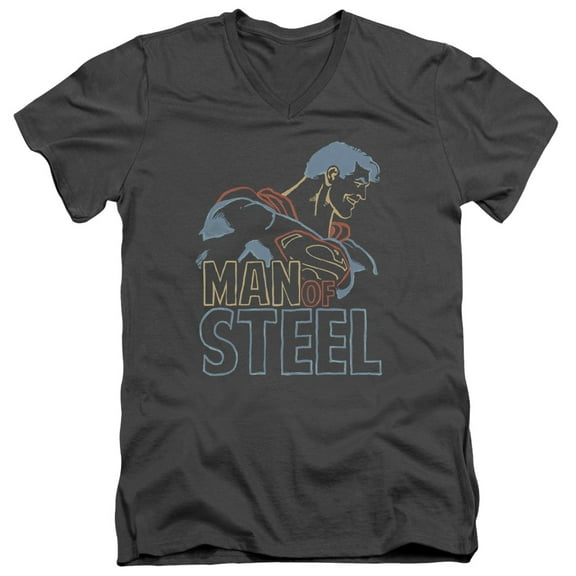 Superman Colored Lines Adult V-Neck T-Shirt Charcoal