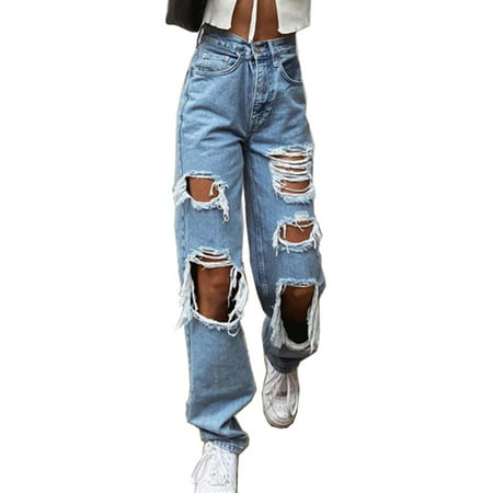 Womens Ripped Jeans Destroyed Loose Casual High Waist Denim Long Pants Frayed Trousers | Walmart (US)