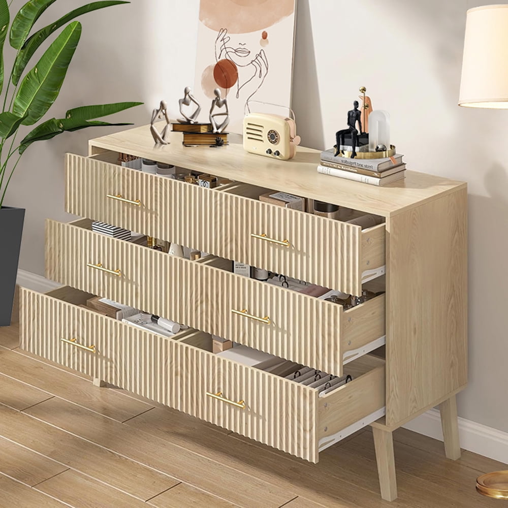 6 Drawer Dresser for Bedroom, 46.85" Wide Modern Wood Chest of Drawers with Fluted Design, Boho Dresser TV Stand for Closet, Living Room, Hallway