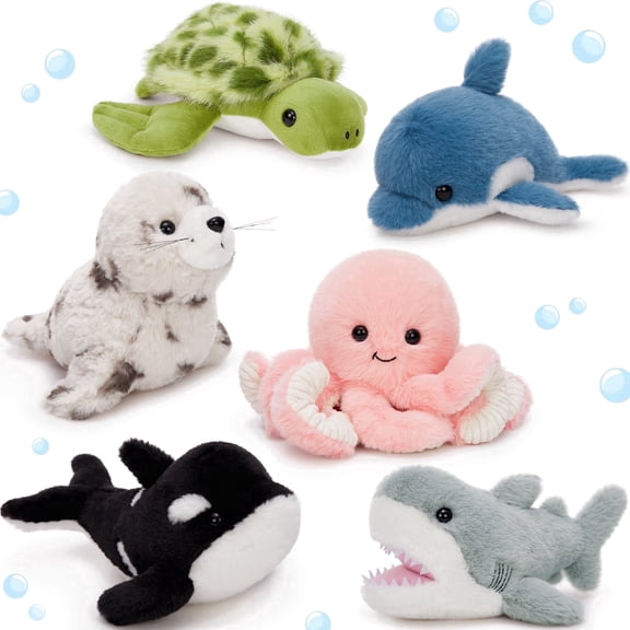 MaoGoLan 6PCS Sea Stuffed Animals Set 9'' Marine Creatures Bulk With Whales/Sharks/Seals/Turtles/Dolphins/Octopus Plush Toy