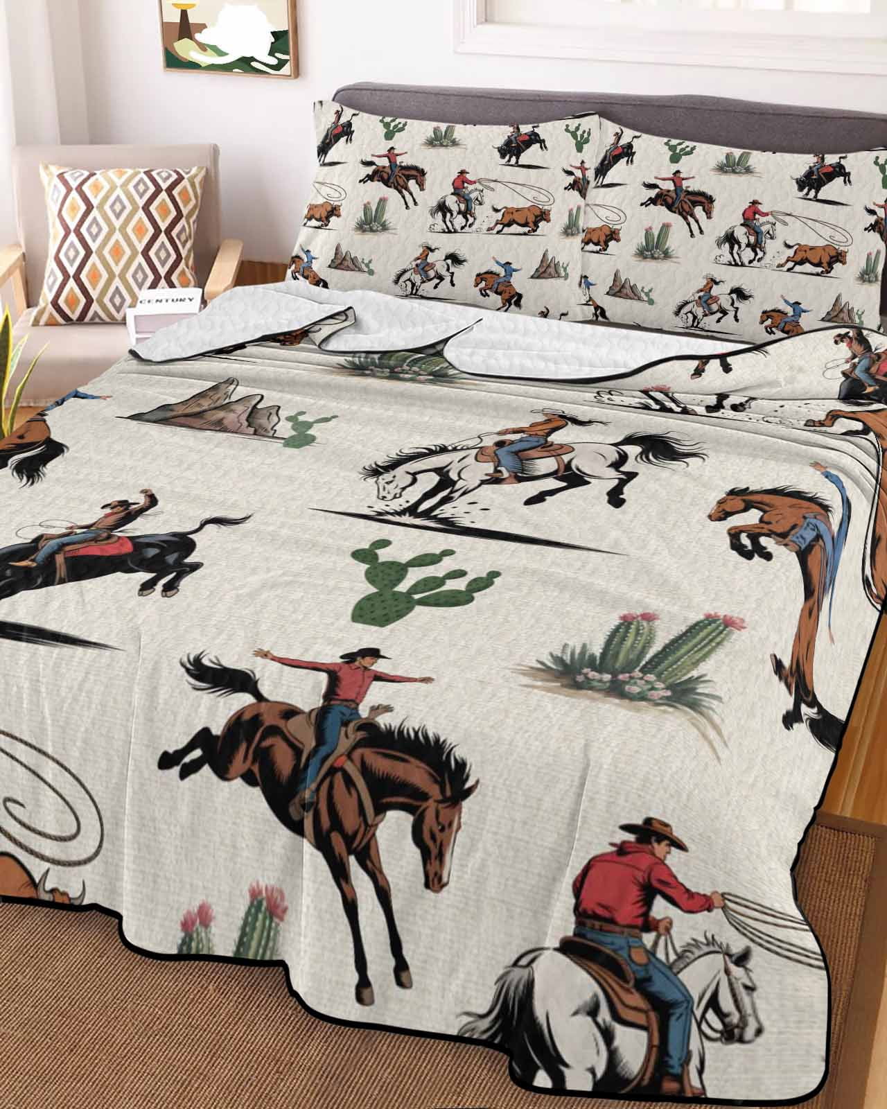 Quilts Twin XL Size, Western Cowboys Soft Comforter Bedding Set for Bed, Beige Vintage Country Cactus Lightweight Quilted Bedspread with Pillow Cover(2 Pieces) for All Season, 68x98 Inch