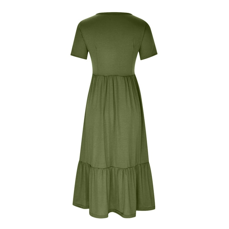 IROINNID Maxi Dress for Women Wedding Guest Birthday Dress Summer Short  Sleeve Crewneck Flowy Tiered Maxi Beach Dress Empire Dress,Olive Green -  Walmart.com