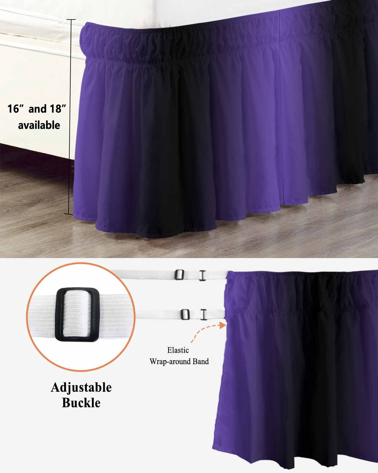 Purple Black Ombre Bed Skirt Cal King Size, Gradient Contemporary Abstract Art Wrap Around Bed Skirting with Adjustable Elastic Strap, Dust Ruffled Pleated Bedskirts 18 Inch Drop for Bedroom Beds
