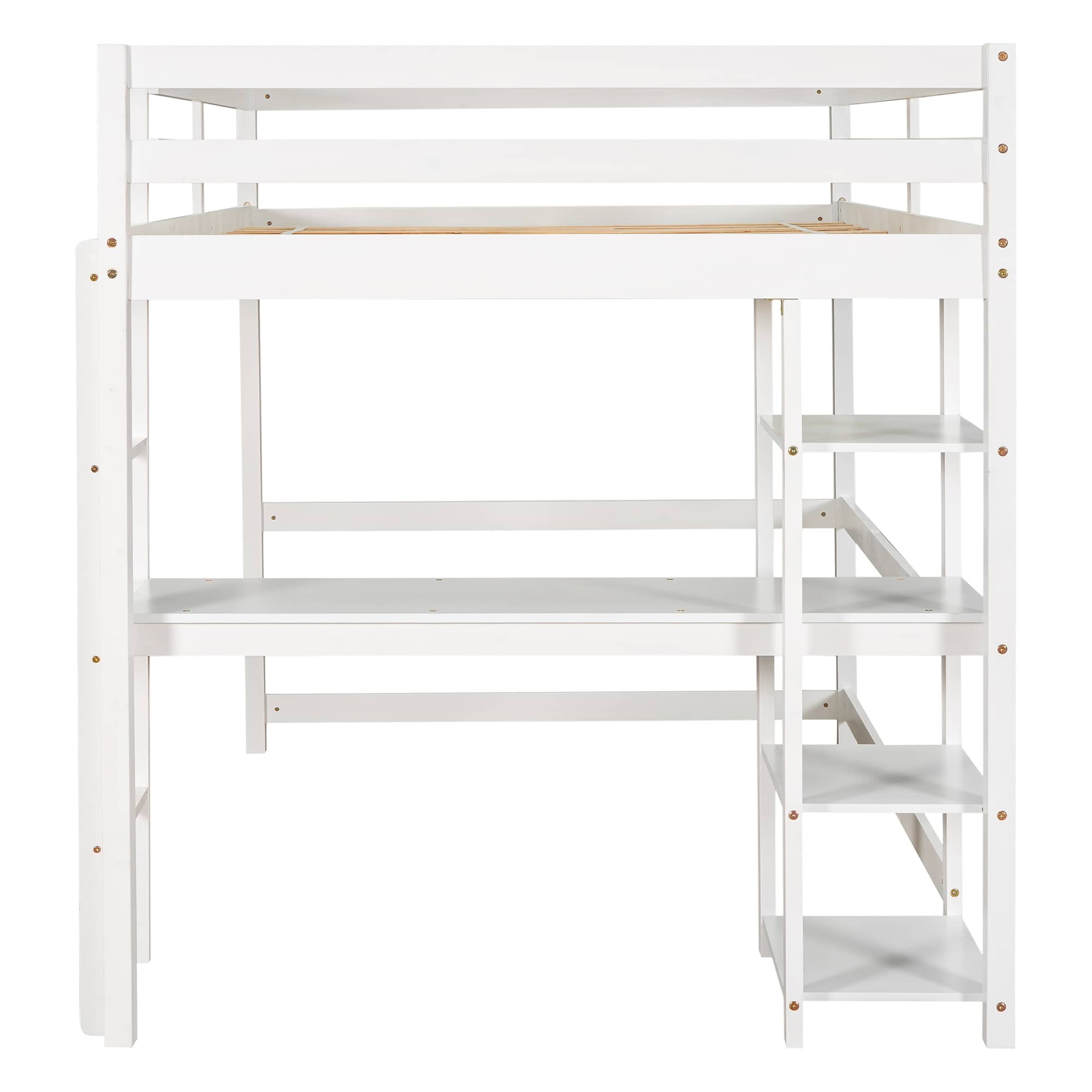 MAYEERTY Full Loft Bed with Desk, Shelves and Ladder, White