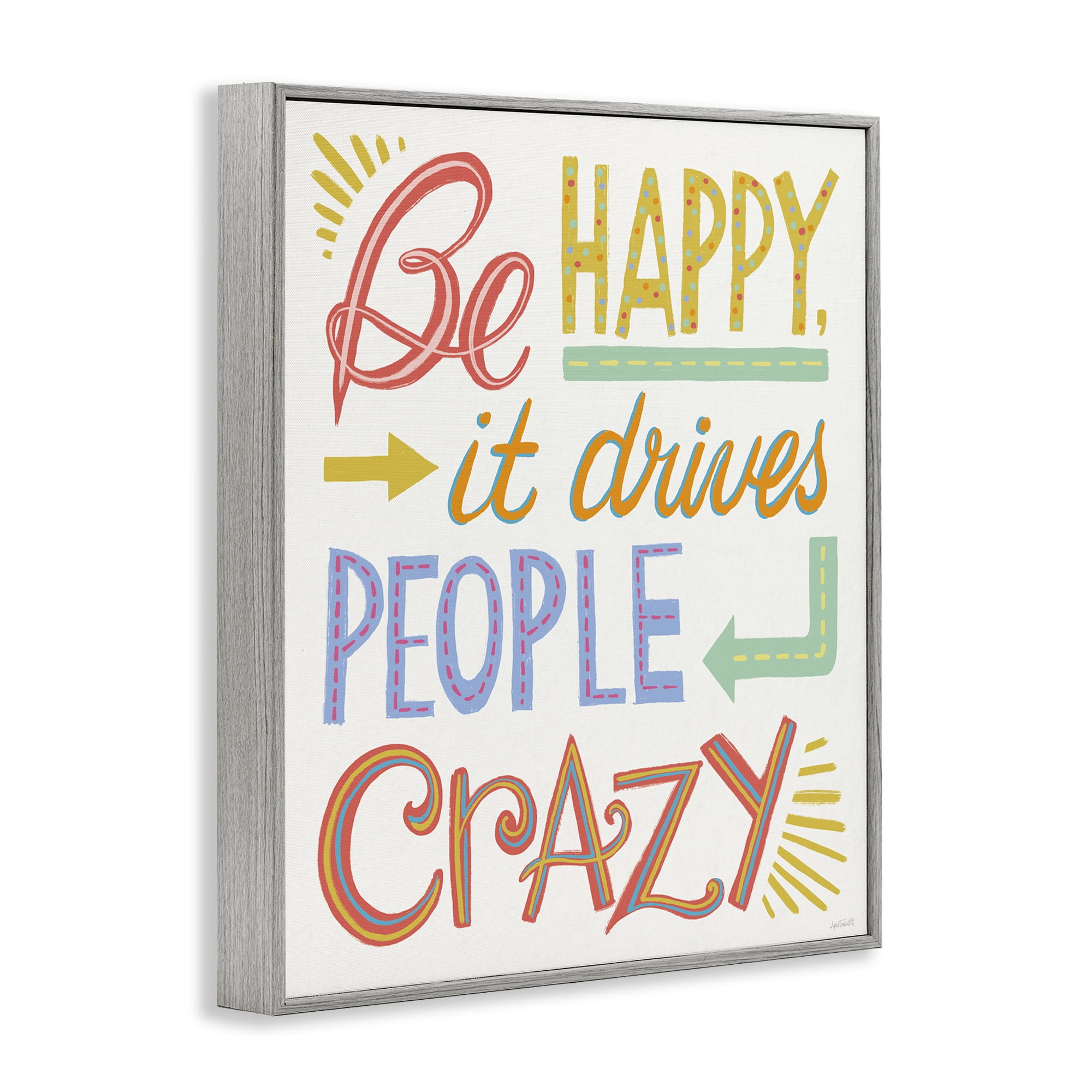 Stupell Industries Bright Be Happy Phrase Typography Painting Gray Framed Art Print Wall Art, 11 x 14