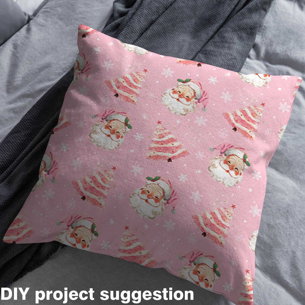 Feelyou Kawaii Santa Claus Fabric by the Yard 2 Yards, Winter Christmas Room Decor Fabric by the Yard, Cartoon Pink Tree Fabric for Sewing, Lightweight Room Decor