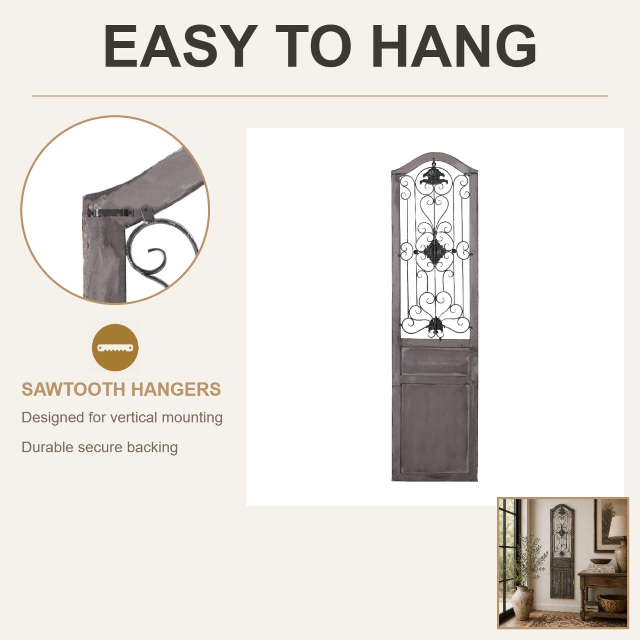 DecMode Brown Wood Distressed Door Panel Scroll Wall Decor with Metal Wire Details