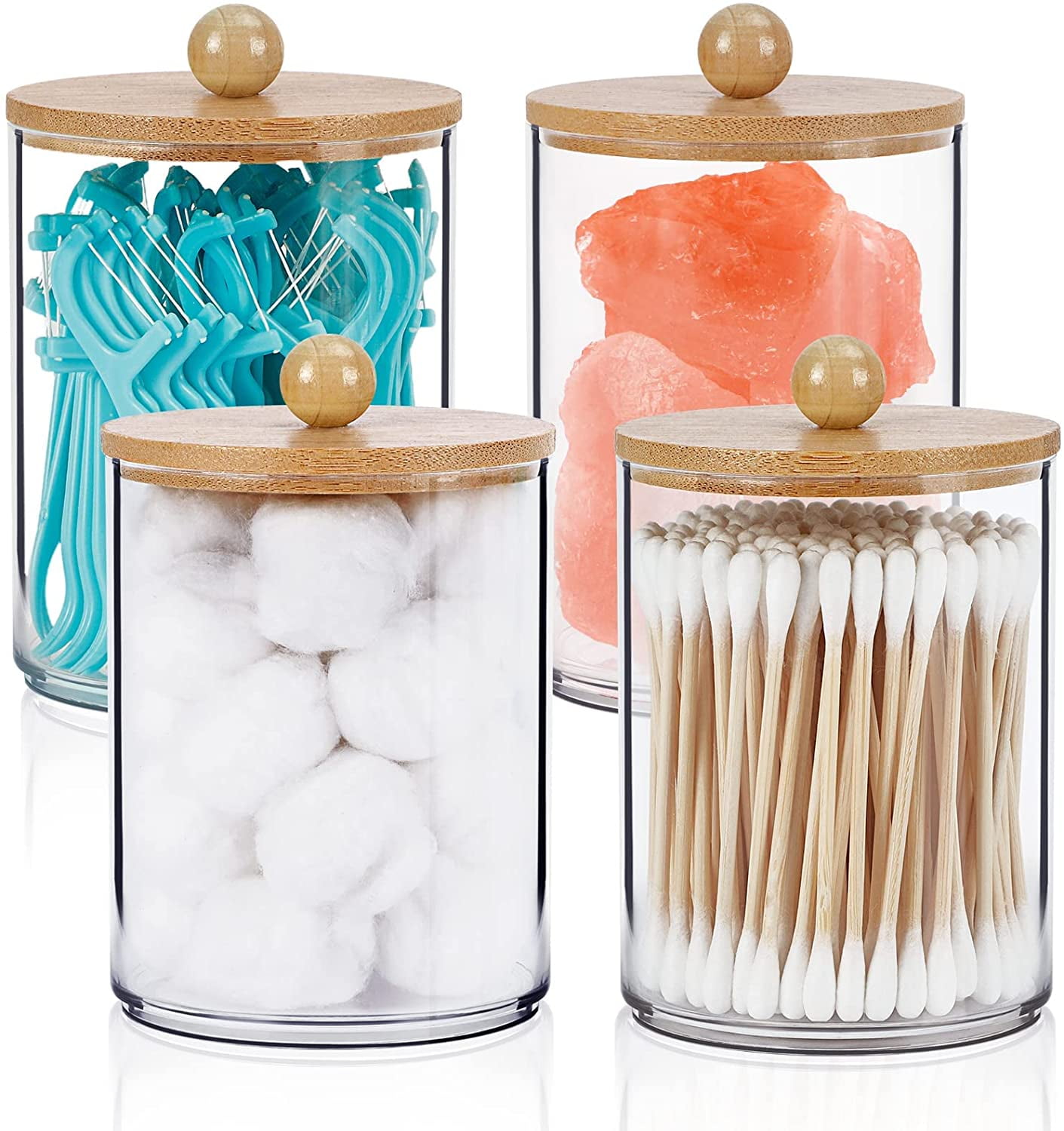 SGHUO 4Pack High Acrylic Qtip Holder Dispenser with Bamboo Lids, Bathroom Organizer for Cotton Ball, Swab, Round Pads, Dental Floss Sticks Holder, Bathroom Accessories and Vanity Makeup Organizer