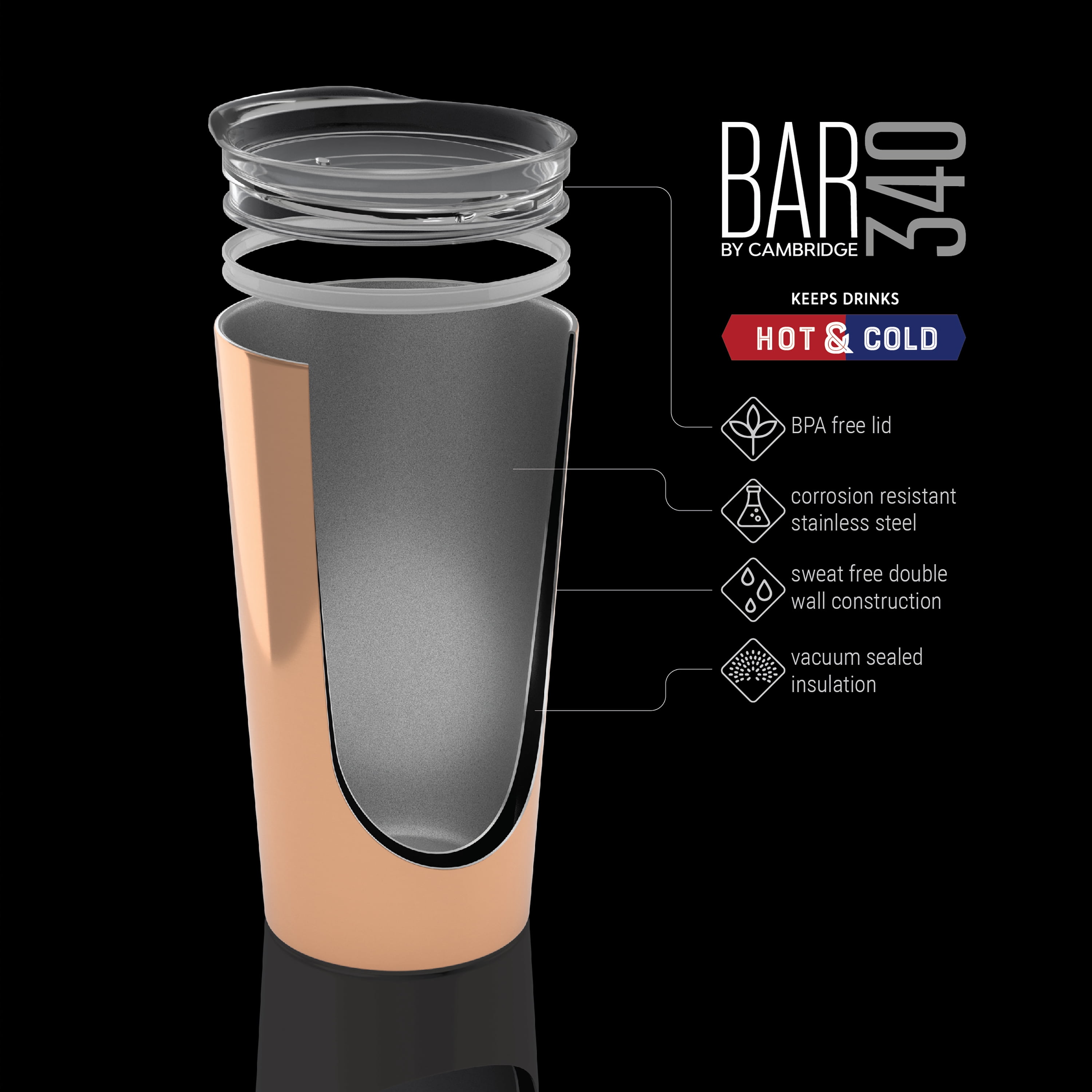Bar340 by Cambridge 20 oz  Highball Insulated Tumbler with Lid, Gold