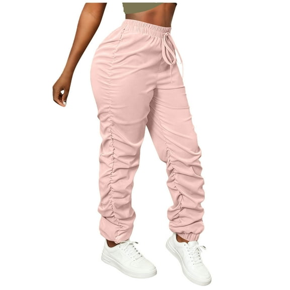 MOJOGO Women's Cargo Pants Elastic High Waiste Trouser Ruched Workout Joggers Pants for Hiking Travel Running Cycling Pink XL