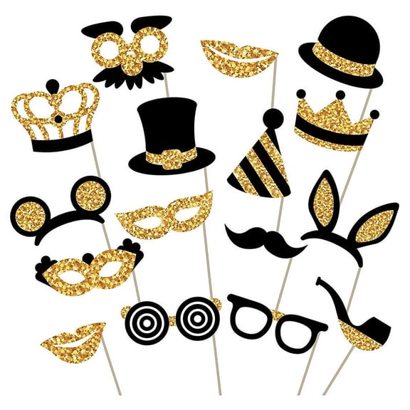 Jinswick16Pack Black Gold Prom Photo Booth Props Kit, Graduation Party Decorations Supplies for Prom Night, Themed Dance & New Year's Eve Party Supplies, 16 Count