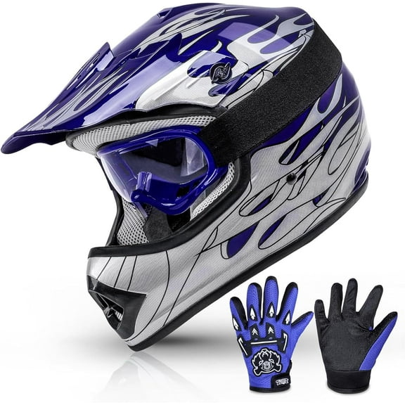 TCMT Blue Kids Motorcycle Motocross ATV Dirtbike BMX MX Offroad Full Face Youth Helmet Gloves Goggles Dot Approved