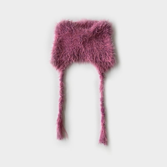 Winter Hat Cute Cat Ear Shape y2k Style Furry Knit Earflap Hat with Long Ear Straps Peruvian Cover Ear Beanie Hat