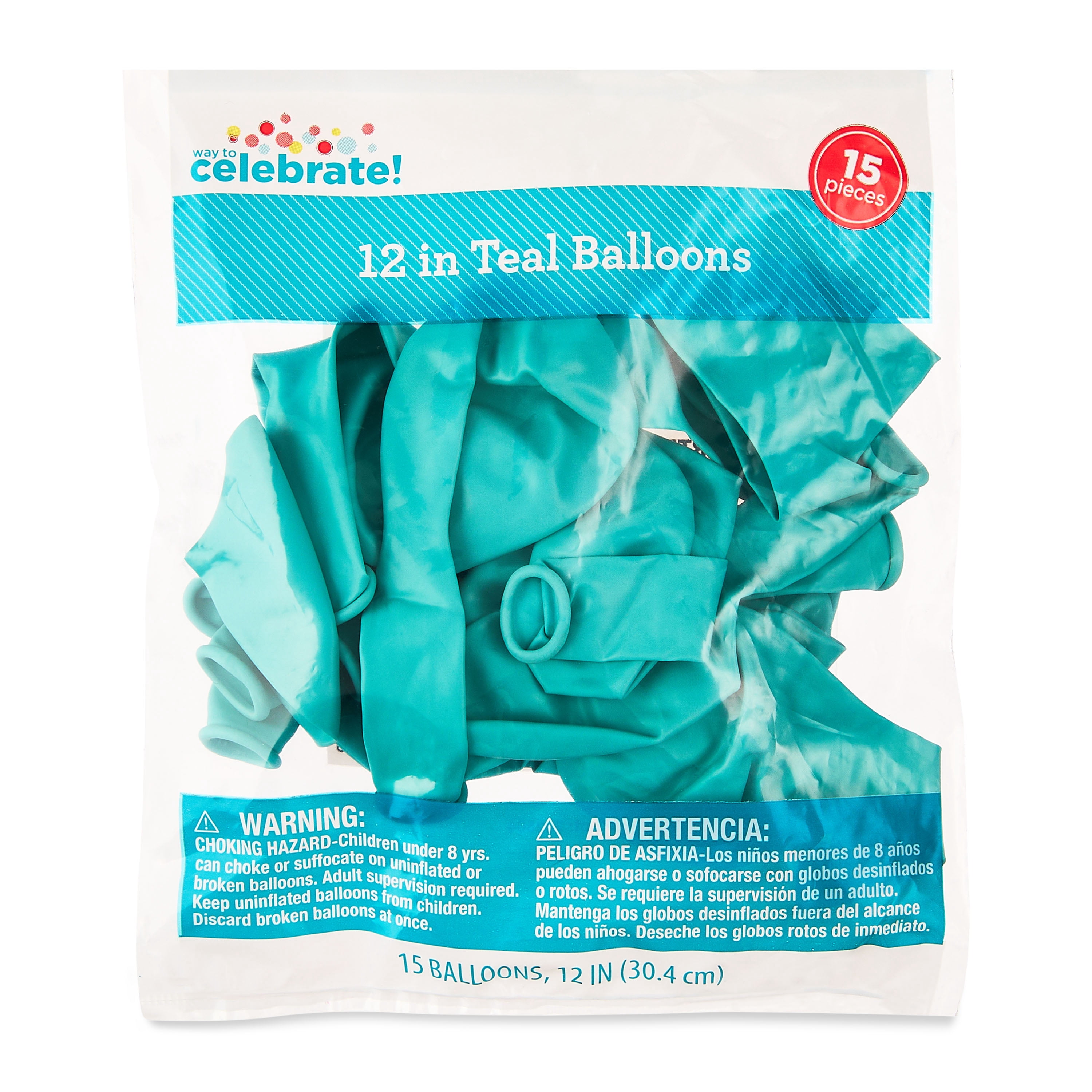 12" Teal Latex Balloons, 15 Pieces, by Way To Celebrate
