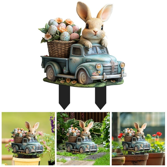 Easter Rabbit Ground Stake Insert Art - Colorful Garden Decoration for Easter Yard