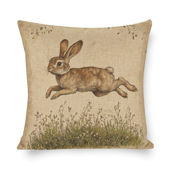 Bed Throw Pillowcases Rabbit Leaping over Grass Pillowcase 16"x16" Easter Themed Linen Pillow Cover for Couch Bed Car for Girls Friends Daughter Niece Women