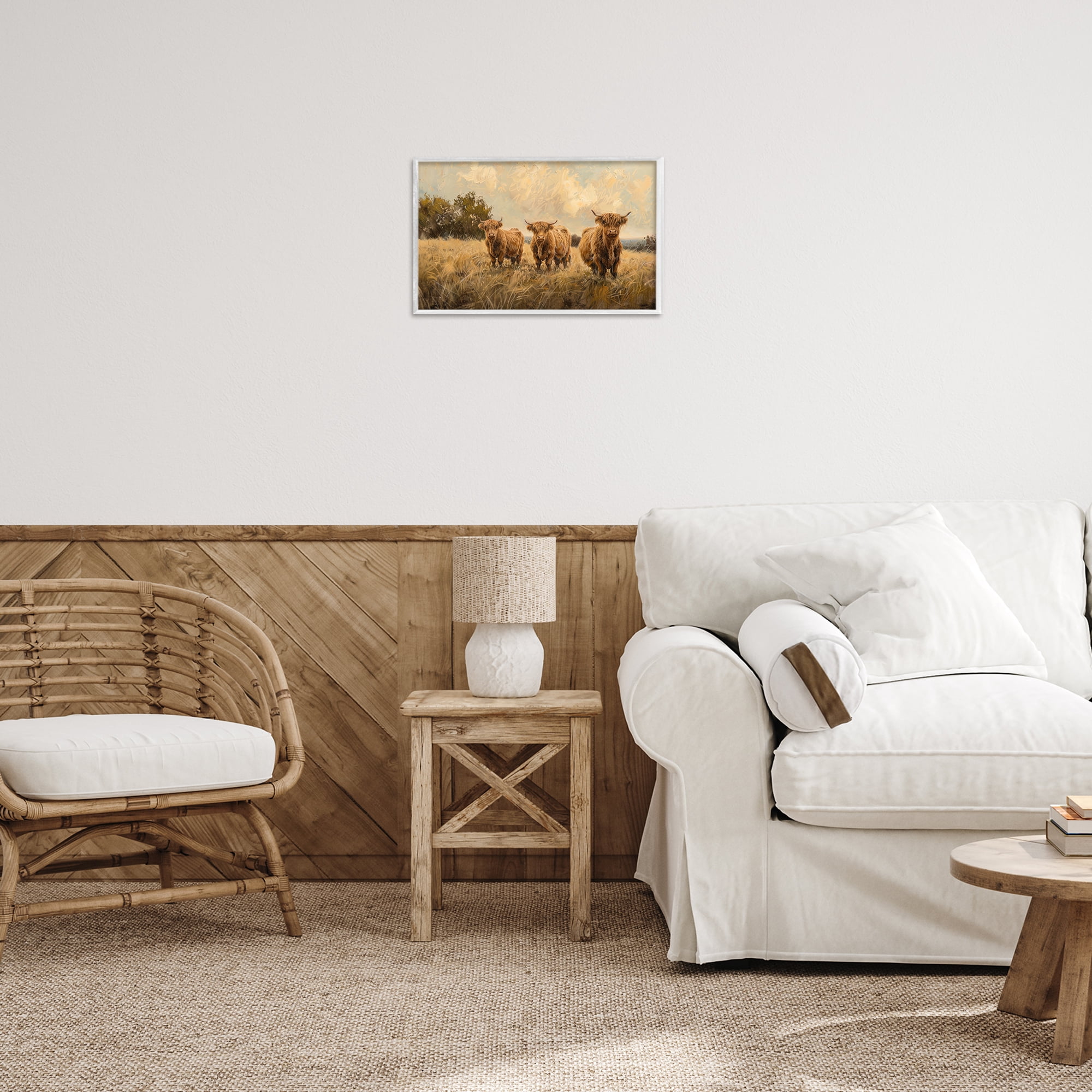 Stupell Industries Three's A Party Cattle Animals & Insects Painting White Framed Art Print Wall Art, 18 x 12