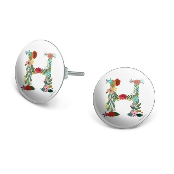 Letter H Floral Monogram Initial Novelty Silver Plated Stud Earrings