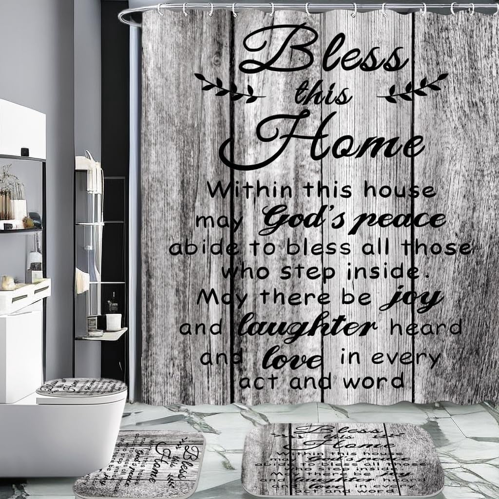 4 PCS White Bible Verse Shower Curtain Sets,Inspirational Quotes Bathroom Sets with Shower Curtain and Rugs and Accessories,Christian Bathroom Shower Curtains Decor with 12 Hooks,72 X 72Inches