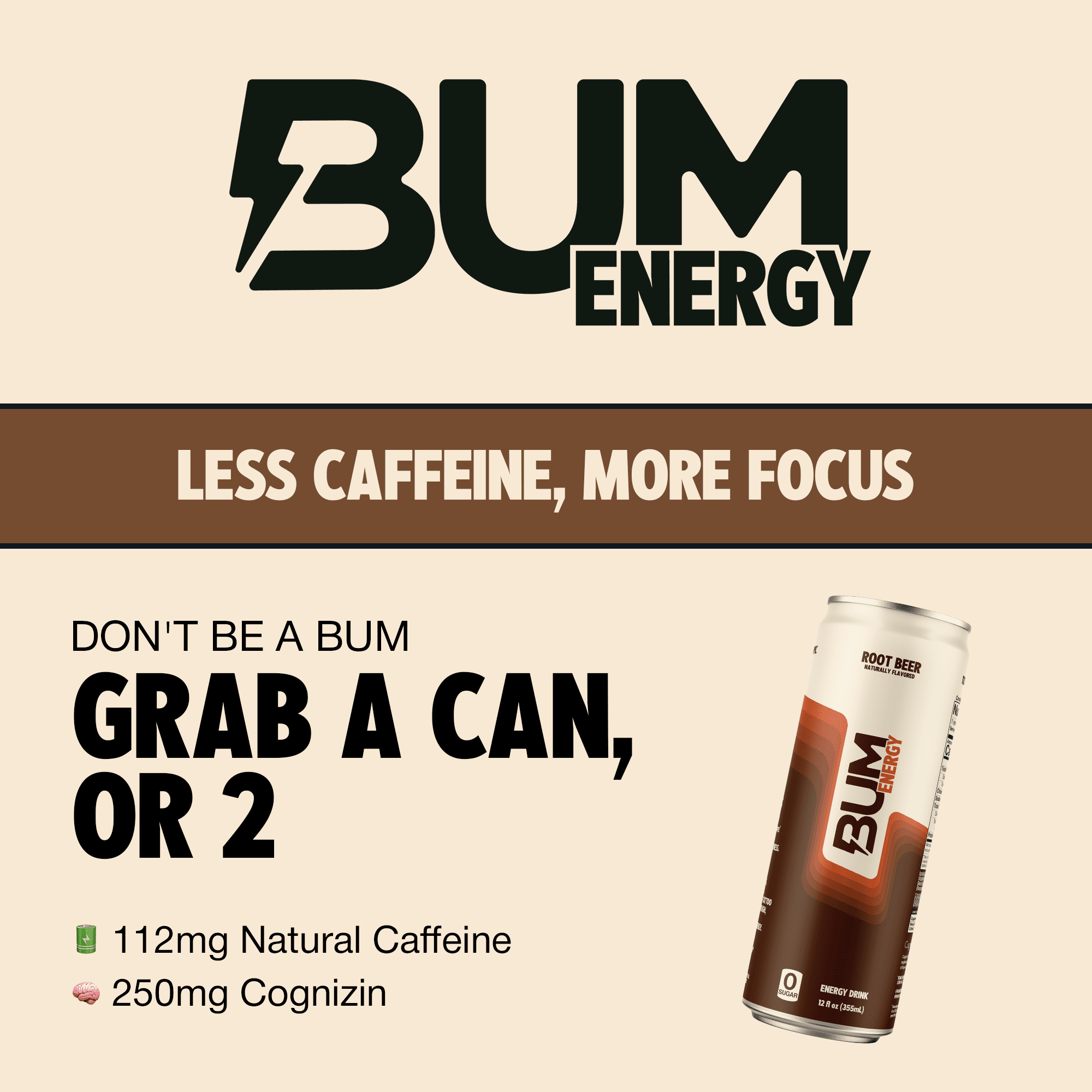 Bum Energy Root Beer Energy Drink, 112 mg Natural Caffeine, 12 fl oz, 12 Pack