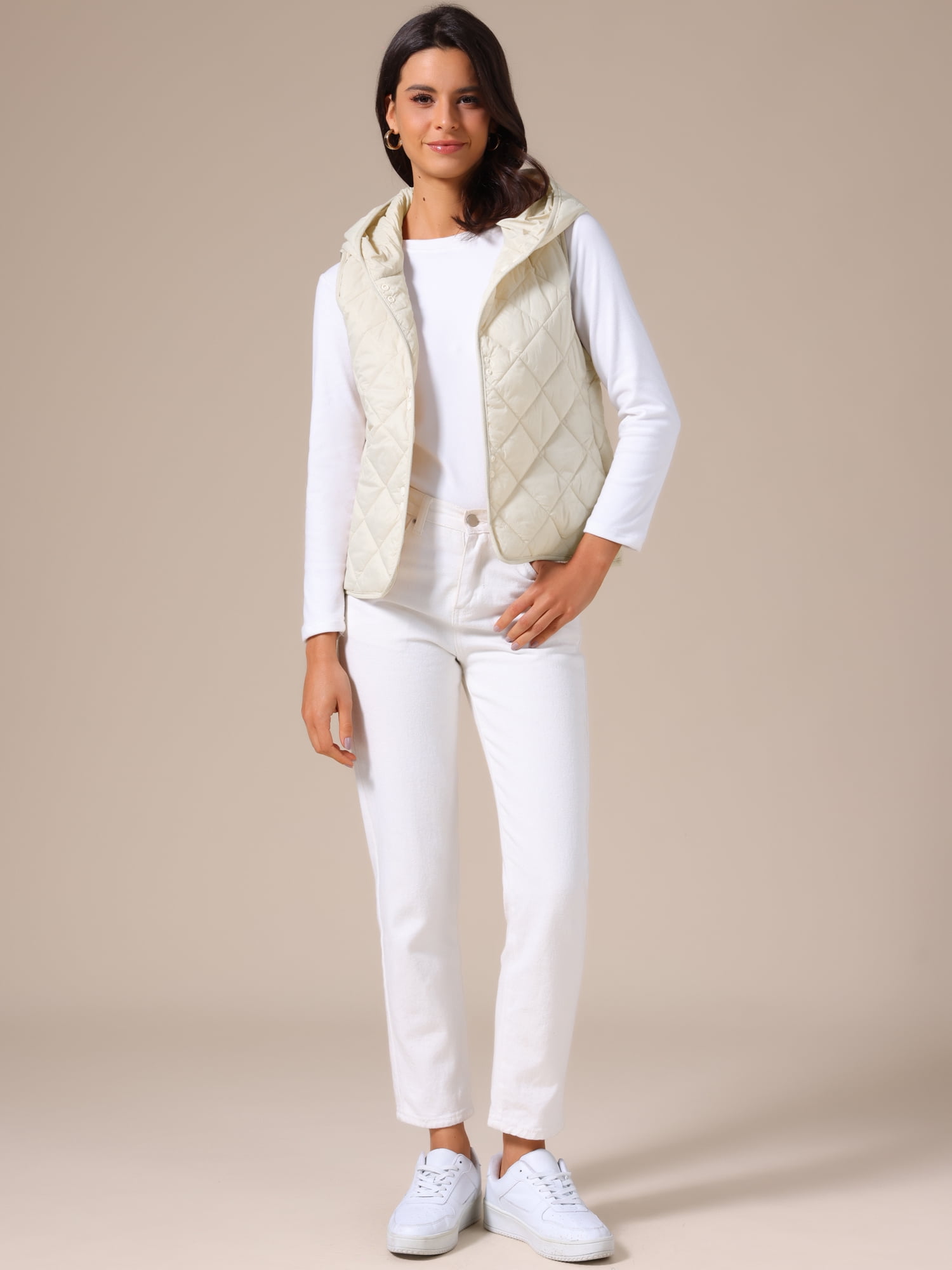 DARING DIVA Women's Lightweight Hooded Puffer Vest Quilted Short Coat M Apricot