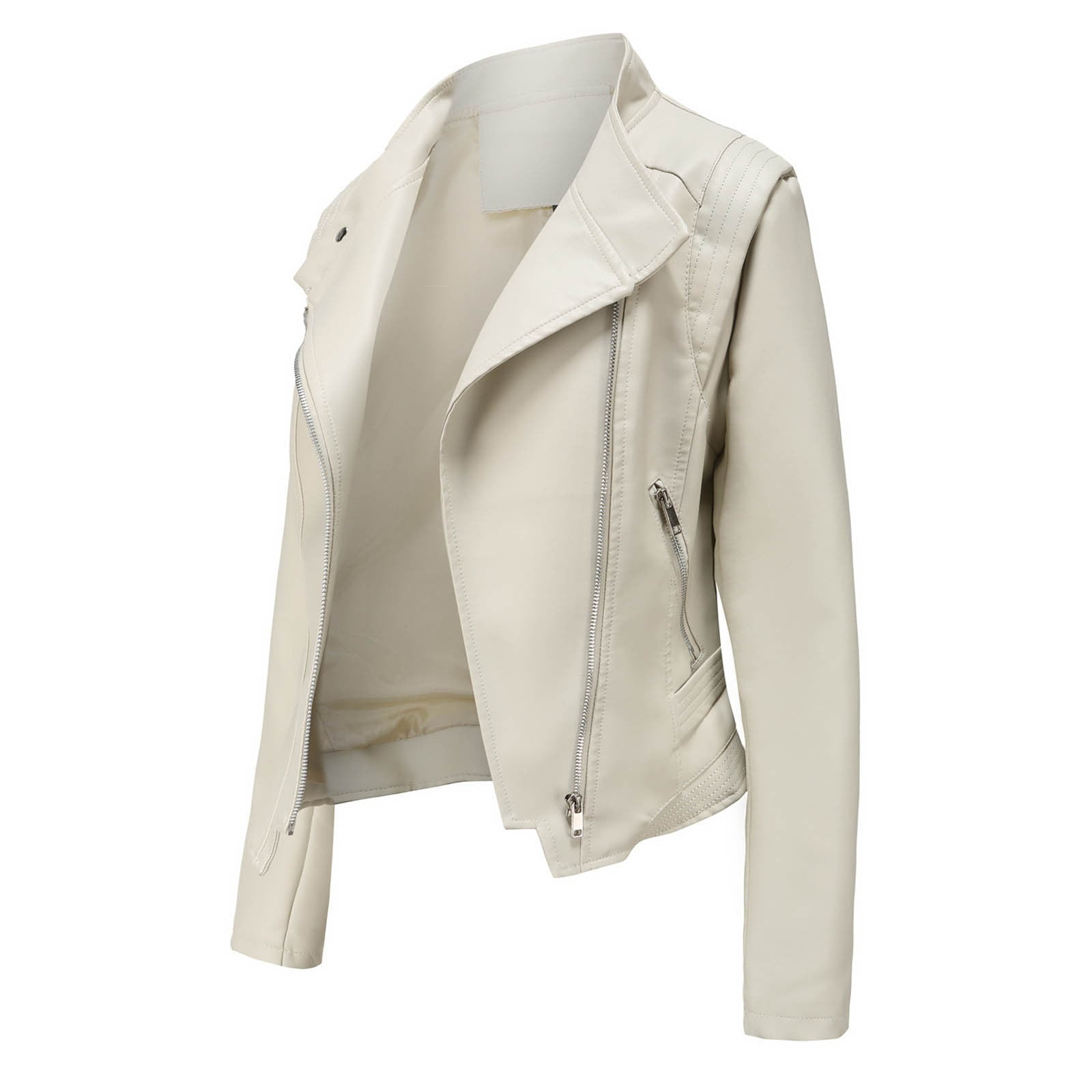 Sokhug Women's Zip Slim Faux Leather Cropped Moto Jacket, Beige