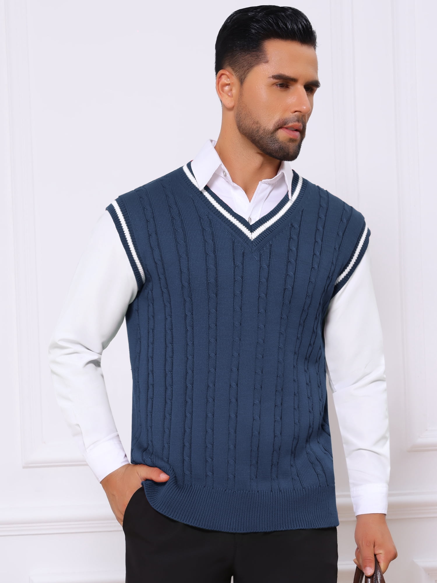 DARING DIVA Men's Solid Color V-Neck Sleeveless Cable Knitted Sweater Vest XL Navy Blue