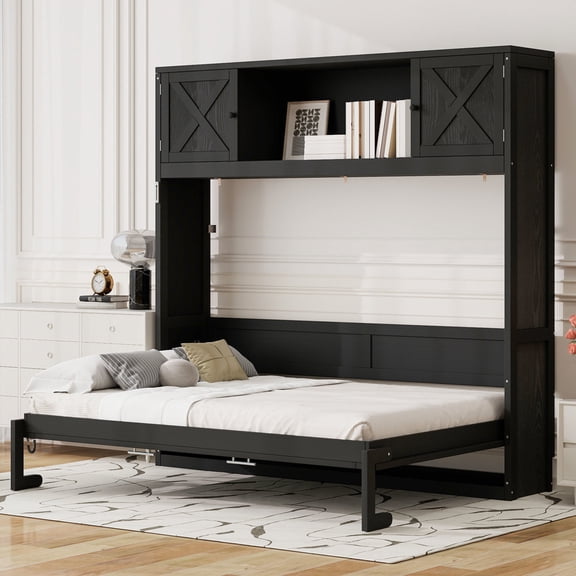 Noble House Joyce Full Size Murphy Bed with Storage Cabinets, Solid Wood Folding Wall Bed, Space Saving, Black