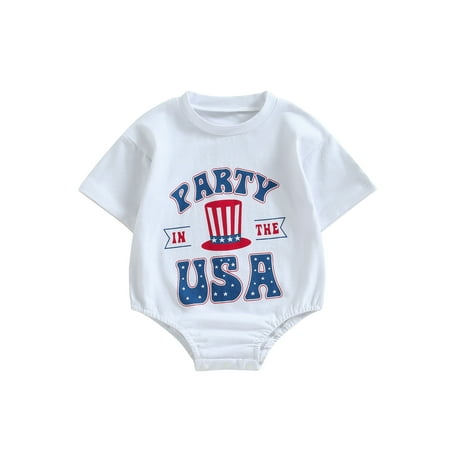 

MissiMae Baby Girls Boys Romper Short Sleeve Crew Neck Letters Print Contrast Color Summer Bodysuit for Independence Day