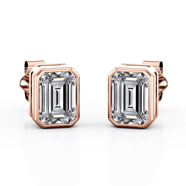 JeenMata Aros Tipo Botón con Solitario de Moissanita en Forma de Esmeralda de 1 Quilate Engastados en Bisel en Baño de Oro Rosa de 18 K sobre Plata