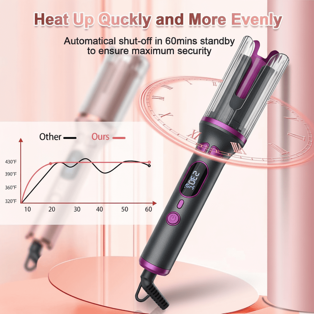 Automatic Rotating Curling Iron, Taotique Auto Curling Wand with 1 inch Large Ceramic Barrel, Dual Voltage Hair Curler with 14 Temperature & 6 Timer, Auto Rotating Wave Curling Iron Hot Tools, Pink