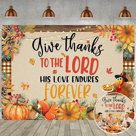 Fall Pumpkin Backdrop Autumn Give Thanks to The Lord His Love Endures Forever Maple Leaf Background for Thanksgiving Harvest Party Decorations Supplies Banner
