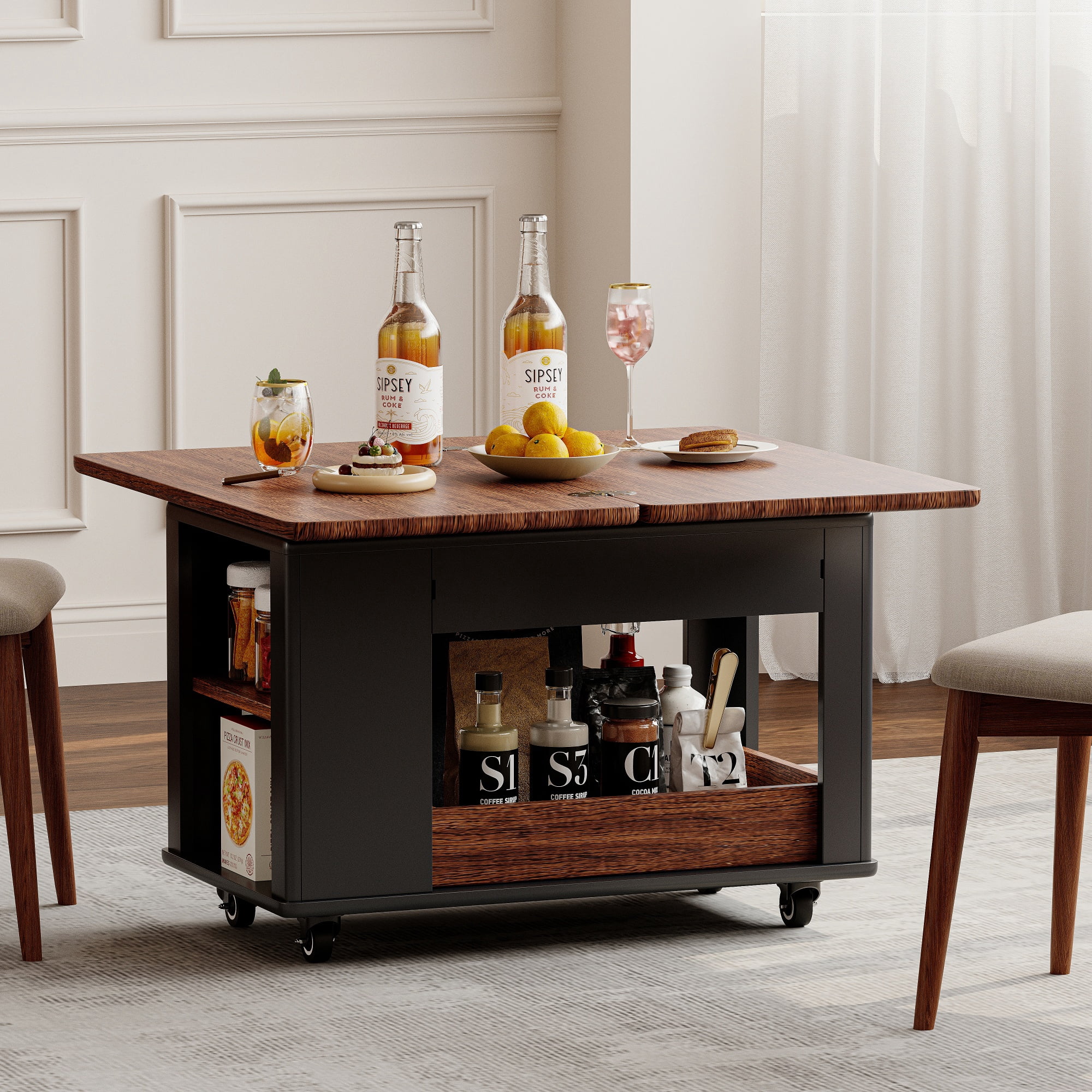 Coffee Table, Modern Side Table With Foldable Top 4 Casters And Multi Tier Storage, Space Saving Furniture For Living Room, Black Walnut