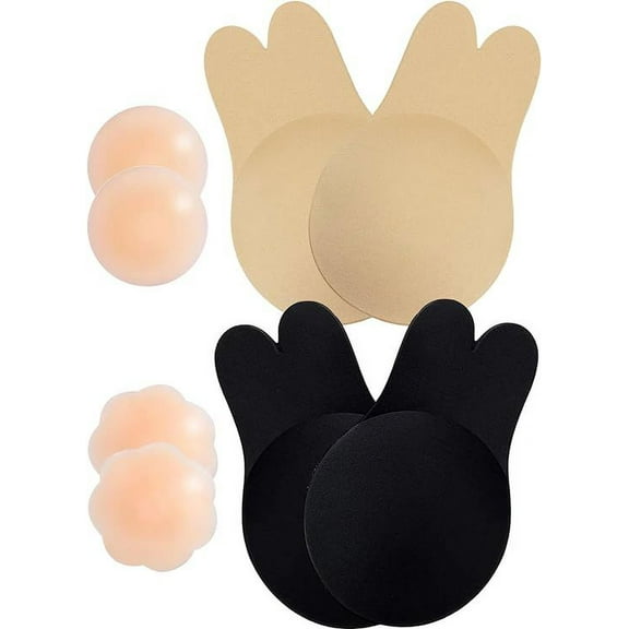 Sticky Bra, Invisible Adhesive Bra, Super Sticky Bras for Women Push Up, Silicone Stick On Backless Strapless Bra- 2Pairs, Nude & Black, Large