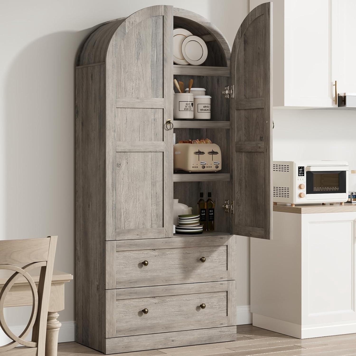 71" Tall Arched Bookcase Cabinet, Wood Arched Bookshelf with Doors & Drawers, Large Arch Display Bookcase Cabinet with Storage, Farmhouse Storage Cabinet for Office Living Room