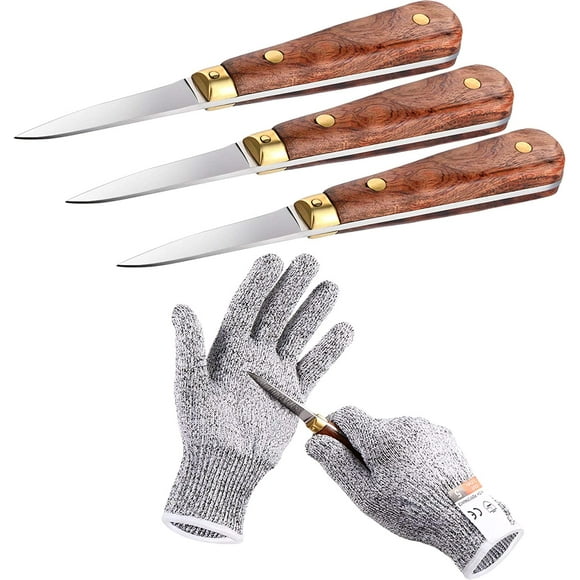 3 Pieces Oyster Shucking Knife Clam Oyster Knife Shucker Wooden Handle Oyster Knife with Cut Resistant Gloves Safe Cutting Gloves Level 5 Protection for Seafood Shellfish Opener Tools Women and Men